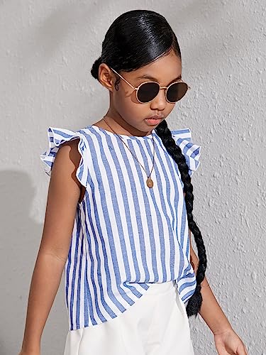 WDIRARA Girl's Striped Ruffle Trim Cap Sleeve Button Back Blouse Casual Top4