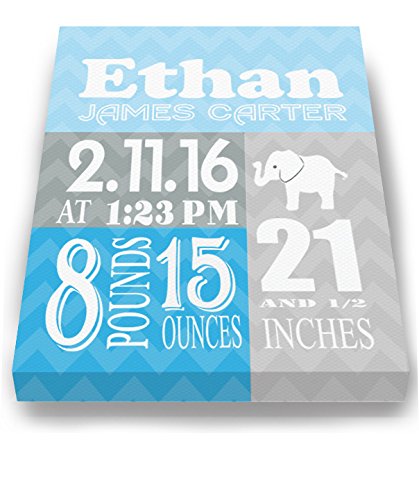 Personalized Stretched Canvas Birth Announcement Gift, Custom Baby Name, Date, Weight Stats, Newborn Elephant Nursery Wall Art Decor, Wooden Frame Construction, Ready to Hang 24X30