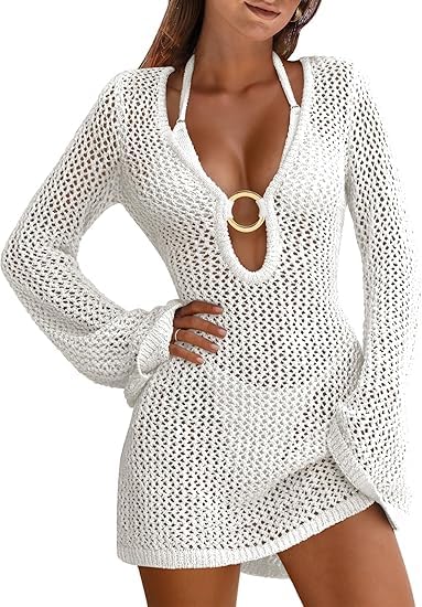 Mini vestido de traje de baño de punto con tejido calado transpirable