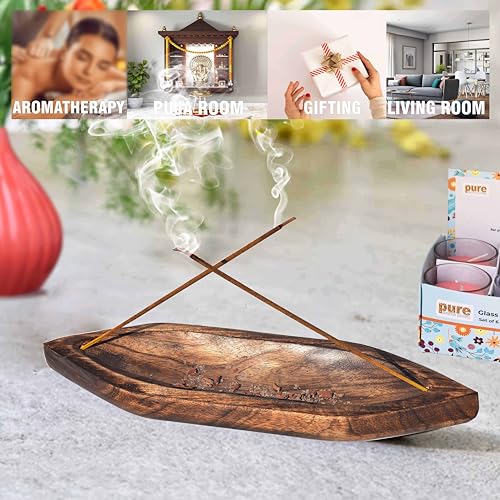 Image of Pure Source India Natural Wood Bote Shape Incense Holder and Ash Catcher (11 X 3 Inch - 4 Pieces)
