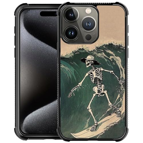 NONMY Phone Case Compatible with iPhone 15 Pro - Wireless Charging Compatible,S Skull Skateboard Skeleton TPU Bumper and Hard PC Pattern Back Case