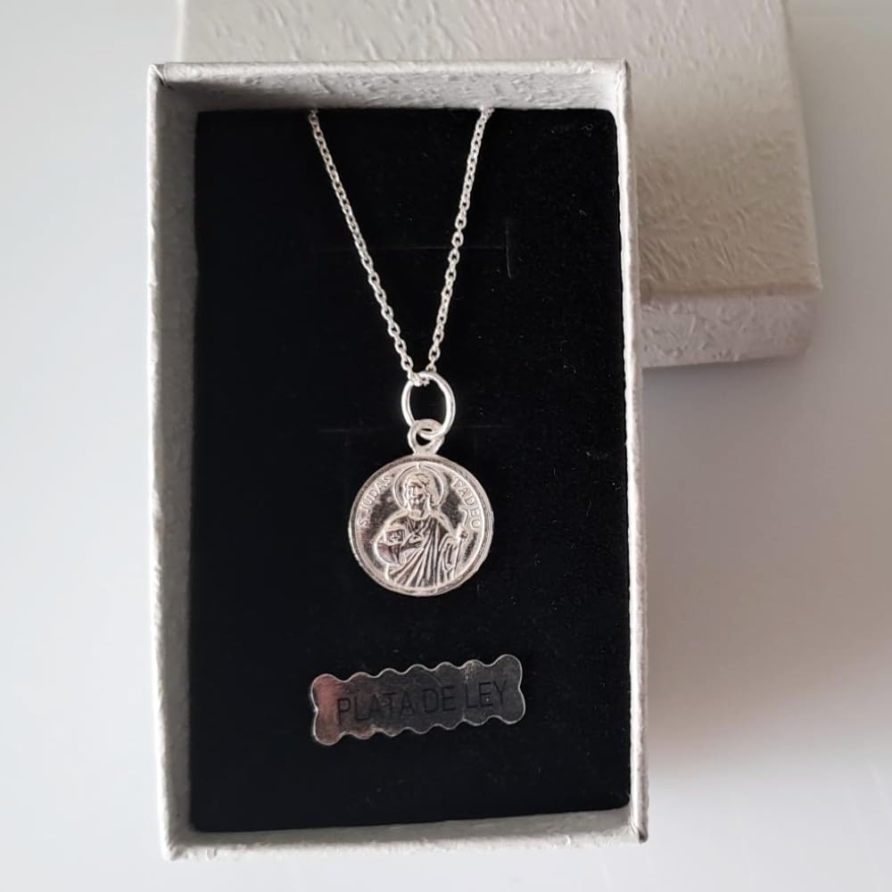 Genérico Medalla San Judas Tadeo Plata de Ley 925 - Tamaño 1,2 Cm + Anilla con Cadena Plata de Ley 925 de 40 a 45 cm - Estuche Regalo