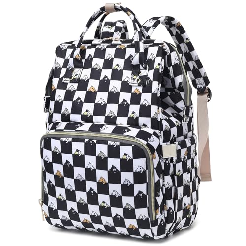 Image of Xunteny Checkered Cat Baby Diaper Bag Backpack for Girls Boys, Waterproof Large Maternity Nappy Bags for Mom