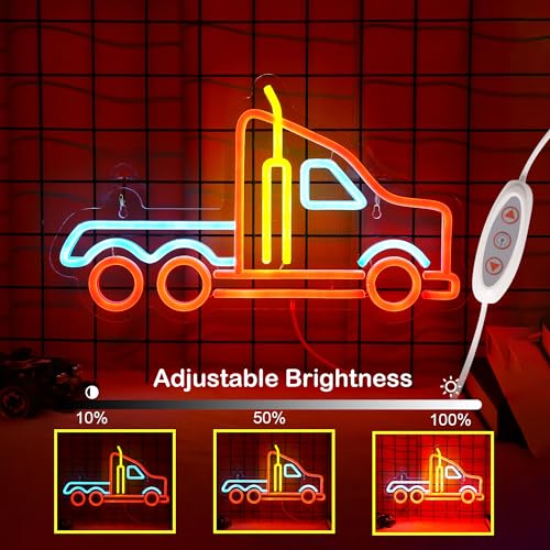 Image of CoolGift Mart Truck Neon Sign, Dimmable LED Vehicle Neon Wall Light USB Powered with 3-Color Lights, for Bedroom Home Man Cave Garage Birthday Gift for Boys Men