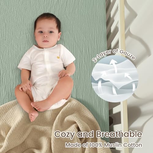 Image of david's kids Muslin Crib Sheets for Boys Girls, 2 Pack 100% Cotton Soft Breathable Fitted Baby Neutral Sheet Set, Standard 52 inchx28 inch Crib and Toddler Mattress, Sage Green & Dusty Blue