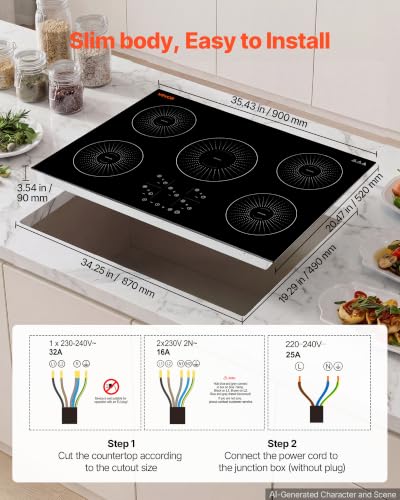 Image of VEVOR Built in Electric Stove Top,Electric Induction Cooktop 36In 5 Burners, Induction Cooktop, Touch & Independent Control, 9 Power Levels, Easy-Clean Ceramic Glass, Child Lock, 9200W, 220V No Plug