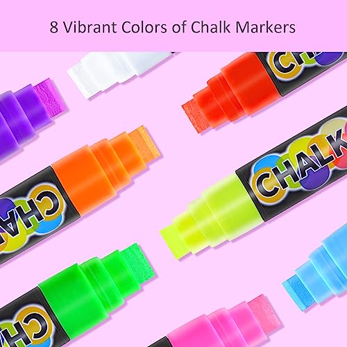 Colorful Jumbo Chalk Markers | 8 Colors Liquid Chalk Markers with 15mm Wide Tips | Erasable Glass Markers for Windows, Chalkboard, Windshield - Thumbnail 2