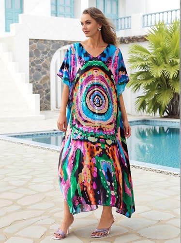 Image of IMAGEKOPE Kaftan Dresses for Women Plus Size Bathing Suit Cover up Vneck Batwing Dress Loose fit Moroccan Caftan mumu Dresses