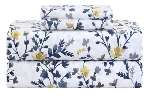 Feather & Stitch Softest 100% Cotton Sheets, 300 Thread Count Percale Weave Bedding, 16" Deep Pocket, Cooling Sheets, Breathable Bed Set, Hotel Premium Quality (King, Floral Breeze)