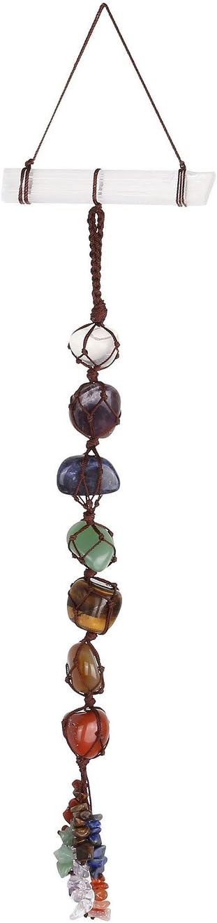 Top Plaza 7 Chakra Gemstones Reiki Healing Crystals Hanging Ornament Home Indoor Decoration for Good Luck,Yoga Meditation,Protection - Tumbled Palm Stones with Selenite Crystal Bar
