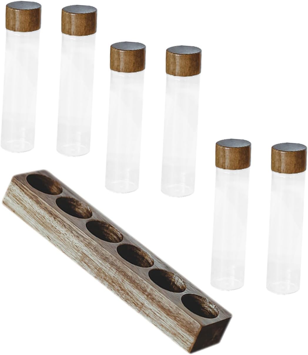 Set de 6 tubos de vidrio para almacenar café con tapa hermética y soporte de madera