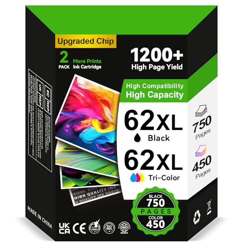 INKYEAH 62XL Schwarz und Farbe | 750/450+ Seiten Kompatible für Original HP 62 Druckerpatronen 62 Kombi Druckerpatrone 62 XL für HP OfficeJet 250 200 5742 5740 Envy 7640 5540 5640 5544 5646 5548