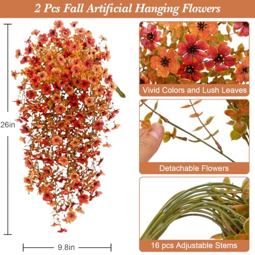 Image of Bassion Artificial Mums for Outdoor, 2 Pcs Fake Fall Hanging Flowers, Mixed