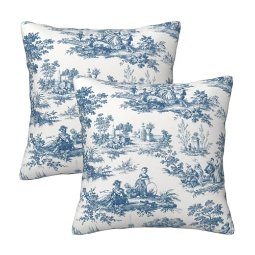 French Country Throw Pillow Covers 18x18 Set of 2, Vintage Toile Blue Square Pillowcase Decoration Cushion Case for Couch Sofa Bedroom Living Room Outdoor Decor