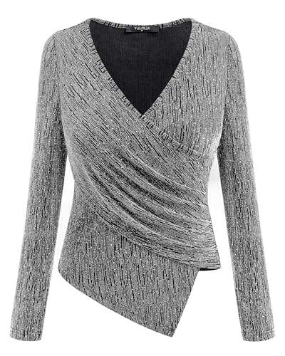 VALOLIA Womens Sparkly Tops Rhinestone Shiny Long Sleeve Ruched Asymmetrical Sparkle Blouses Cocktail Party Evening Shirts4