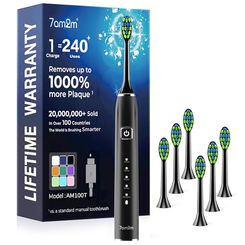 7AM2M Sonic Electric Toothbrush for Adults&Kids Type-C Charging Run for 120 Days with 6 Brush Heads 5 Modes&40000VPM Powered Rechargeable Toothbrush Travel & Home Use (Black)