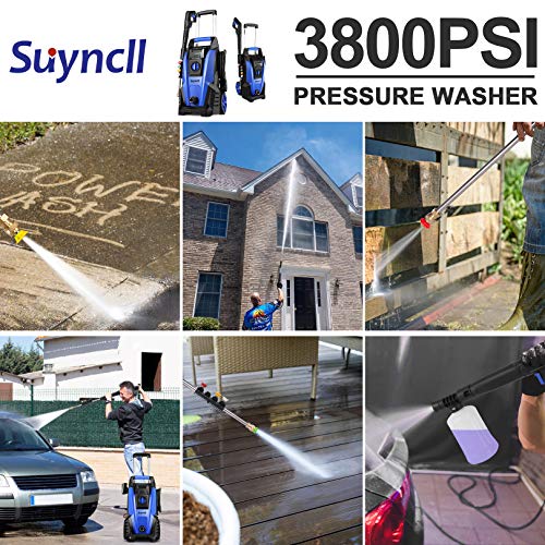 Suyncll Pressure Washer, 3800PSI Electric Power Washer, 2000W High Pressure Washer, Professional Washer Cleaner, with 4 Nozzles, Soap Bottle and Hose Reel, Best for Cleaning Cars,Driveways,Patios