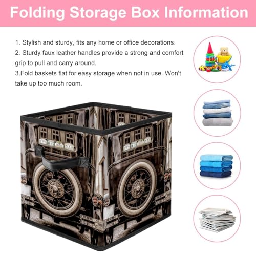 Boîte de rangement pliable cube en tissu motif véhicule rétro - 4