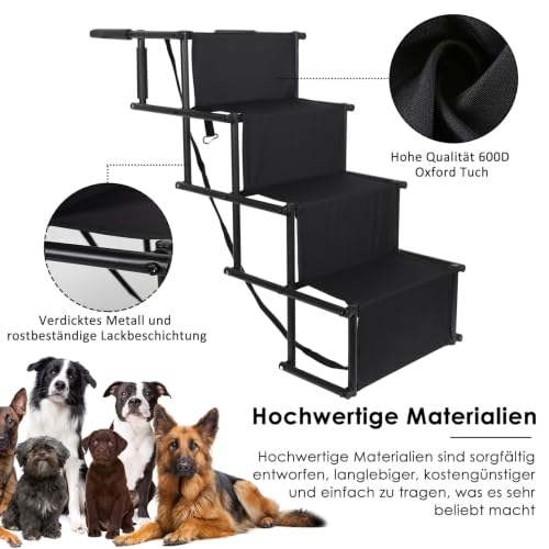 CALIYO Hundetreppe Auto Klappbar bis 75KG für Große Hunde, Höhenverstellbare 4-Stufen-Hundetreppe, Geeignet für Autos, Sofas und Betten, Gelenkschonende, sichere und stabile（Schwarz）