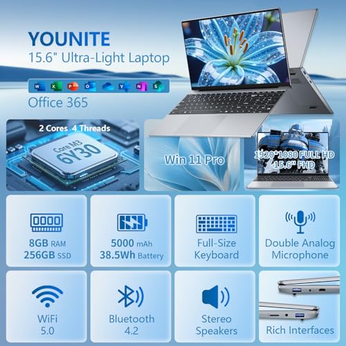 Image of Laptop, 2026 New Laptop Computer, Lap Top PC Core M3-6Y30(Beat N4000), 8GB RAM 256GB SSD, 180Open, UHD Graphics, 15.6 inch IPS 1080P, WiFi 5, BT4.2, Win 11 /Office Laptops for Study Work, 2-Year Warranty