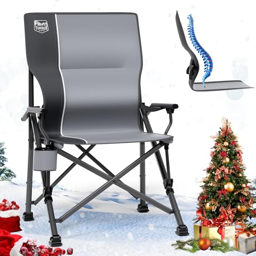 TIMBER RIDGE Campingstuhl Faltbar 150kg Belastbar Verstellbare Lendenwirbelstütze Klappstuhl mit Getränkehalter Tragetasche Angelstuhl Faltstuhl Hochlehner Sessel für Camping Garten Balkon Picknick