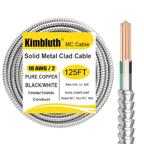 Image of 10 /2 Metal Clad (MC) Cable with Ground 125ft, 10 Gauge Electric Wire with Aluminum Armor, Solid Bare Copper Conductors for Indoor Outdoor Underground Embedded Installation (10 /2, 125 FT)
