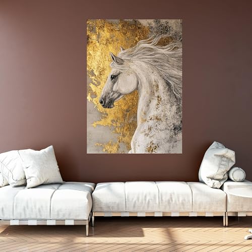 Tableau abstrait cheval blanc à feuille d'or pour salon 40x60cm - 2