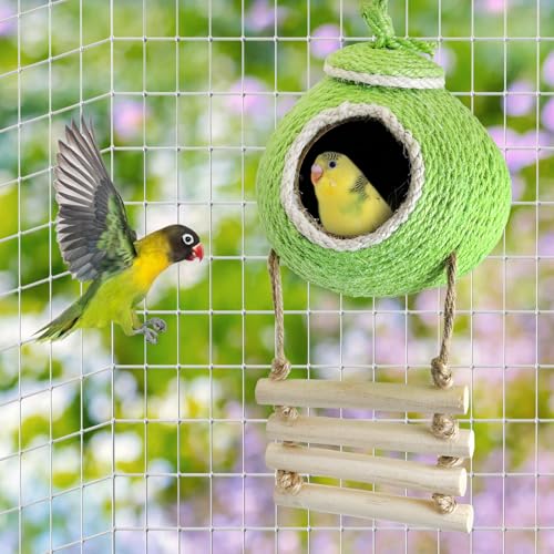 Image of Tfwadmx Coconut Hide with Ladder, Natural Coconut Fiber Hanging Birdhouse Cage, Handmade Sisal Rope & Coconut Bird Shell Breeding Nest for Parrot Parakeet Lovebird Finch Canary (2 Pcs Green)
