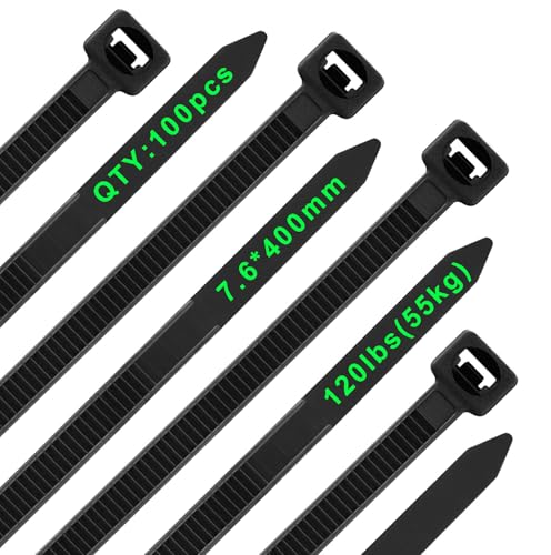 Viuxule 100 Pack Cable Ties Heavy Duty 120lbs, 16in Long Zip Tie Black, 400mm × 7.6mm Wire Ties UV Resistant, Strong Nylon Plastic Self Locking Industrial Tie for Gardening, Indoor and Outdoor