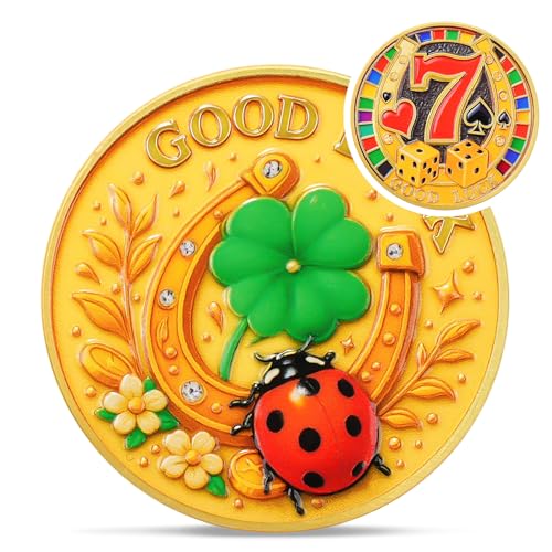 Cute Ladybug Good Luck Coin - Horseshoe Four Leaf Clover Lucky Charm - 777 Lottery Ticket Scratcher Tool Metal Chip - Poker Card Guard Protectors - Las Vegas Souvenirs Poker Player Gifts for Men Women