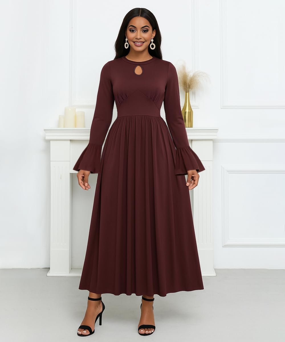 knowfashionstyle Long Sleeve Dress for Women 2025 Formal Wedding Guest Dress Elegant Maxi Dresses Flowy Fall Cocktail Dresses Red L - Image 2