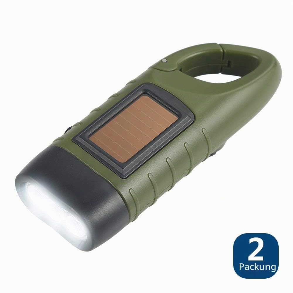 Simpeak 2-Stück LED Taschenlampe, Handkurbel Solar Karabiner Taschenlampe für Camping Outdoor Klettern Wandern - Grün