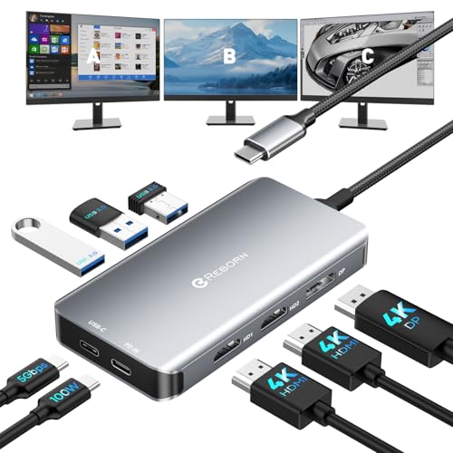 Reborn USB-C Docking Station Dual Monitor Adapter, Laptop Docking Station 3 Monitors Triple Display USBC Hub Dongle to 4K60Hz HDMI+DP,3 USB3.0,100W PD,USB C Data,8-in-1 Dock for Dell,HP,Lenovo,Surface by Reborn - Used condition - US$28.30