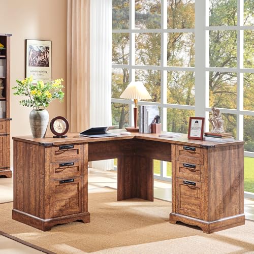 RedLemon 60\" Farmhouse L Shaped Executive Desk with Drawers, Wood Home Office Corner Desk with Charging Station, File Drawer, Storage Cabinet, Rustic Computer Writing Desk (Reclaimed Barnwood) - Thumbnail 6