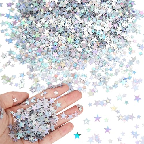DazzJoy 4000 Stk Glitzer Streudeko Sterne Konfetti Weihnachten,2 Größen Sterne Deko Silber,Weihnachtskonfetti Deko Sterne, Glitzersterne Streudeko Silvester,Bunt Pailletten Stern Tischdeko Streusterne