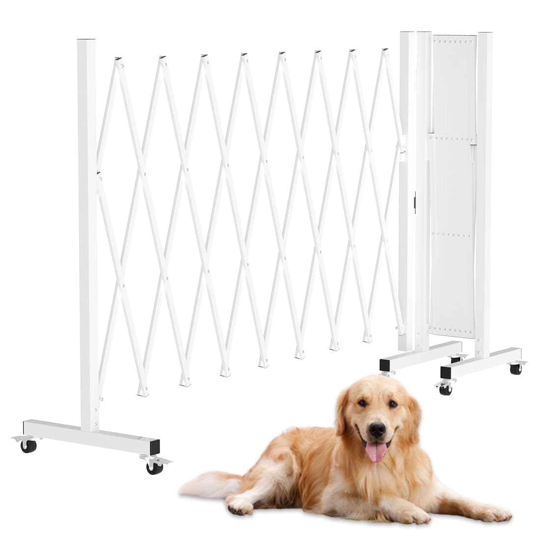 Retractable Outdoor Dog Gate, 216'' Wide Driveway Gate Expandable Portable Fence, Two-Segment 0-180 Degrees Rotatable Design Yard Garden Fence, Metal Safety Barrier Gates with Casters, White