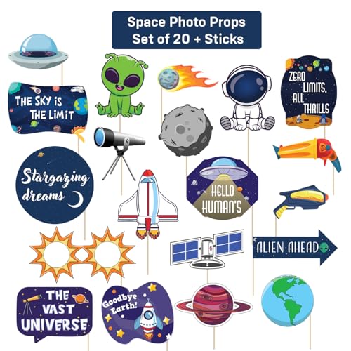 Image of Party Propz Space Theme Birthday Decoration Kit - 20 Pcs Space Photo Booth Props with Sticks, Astronaut, Rocket, Alien Design Party Props for Kids, Astronaut Theme Birthday Decoration (Cardstock)