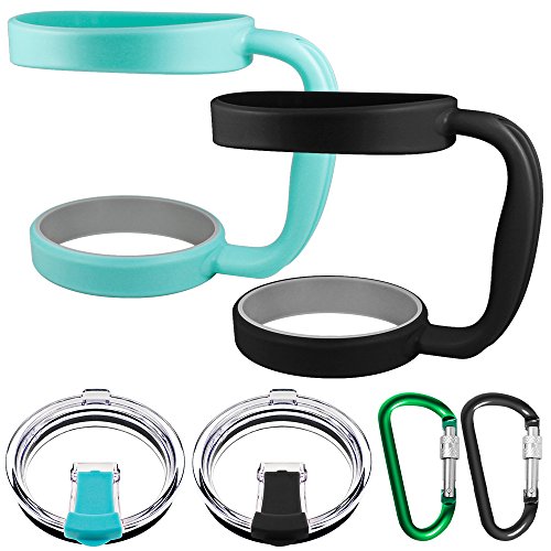 SENHAI 30oz Spill and Splash Resistant Tumbler Lids & Grip Handles with D-Shaped Hanging Carabiners for Yeti Rambler, Old Style Rtic, Ozark, Trail Berg SIC, 2 Pack- Black, Green