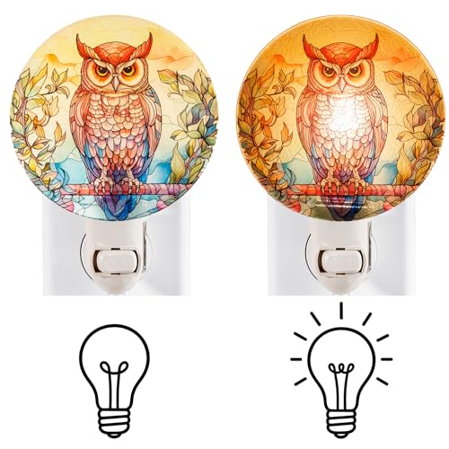Image of Owl Night Light Vintage Retro Cottage Core Bird Figurine Plug in Wall On /Off Switch Tiffany Stained Glass Style