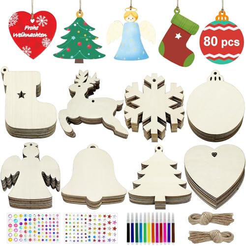 Pextian 80 Stück Holzanhänger Weihnachten zum Bemalen, 8 Stile Basteln Weihnachten, Holz Anhänger Bastelset mit Stift, Edelstein- und Sternaufklebern zum Weihnachtsbaum, Christbaumschmuck Pextian 80 Stück Holzanhänger Weihnachten zum Bemalen, 8 Stile Basteln Weihnachten, Holz Anhänger Bastelset mit Stift, Edelstein- und Sternaufklebern zum Weihnachtsbaum, Christbaumschmuck