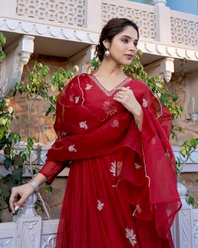 Image of Nermosa Women Embroidery Solid Anarkali Kurta and Pant Set with Dupatta