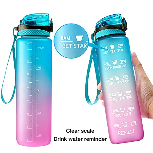 Drinkfles, 1 liter drinkfles met tijdsignalen, kunststof, blauw en roze met rietje voor kamperen, fietsen, sport, blauw en paars - Image 6