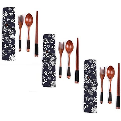 Wooden Flatware Tableware Cutlery Set,Japanese Natural Wooden Tableware Set,Decoration Wooden Chopsticks Spoon Fork Set for Camping Picnic Office Home (S01) Cover