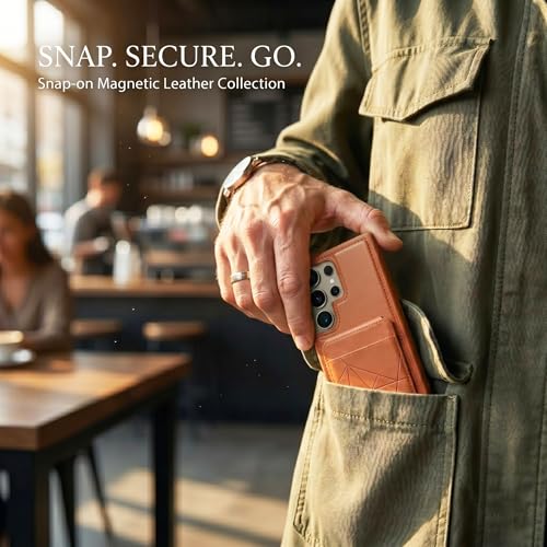 Image of amazon basics Premium Vegan Leather Back Cover with Card Holder and Integrated Mobile Stand for Samsung Galaxy S24 Ultra 5G - Slim Shockproof Wallet Case with Geometric Stitching [Tan]