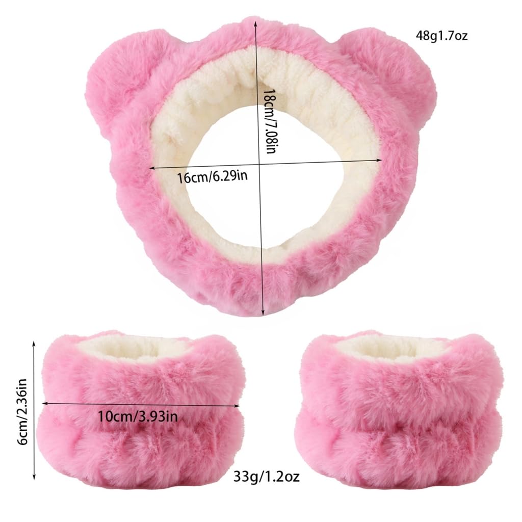 Thapncow 3 stuks pluche hoofdband met beer-oren, skincare-manchetten