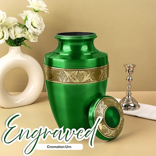 Image of ALPHA Living HOME Cremation Urns for Human Ashes Adult - Handcrafted Metal Memorial Urn with Tree Engraving & Velvet Carry Bag, Decorative Funeral Burial Urn with Secure Screw Lid (Green & Gold)