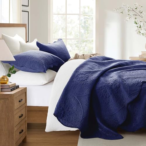 IR Imperial Rooms King Quilt Bedding Set Size (106" x 96") + 2 Pillow Shams (20" x 36"+ 2") - 3 Pcs All Season Lightweight Reversible Microfiber Coverlet Floral Embossed Quilt Bedspread (Blue)