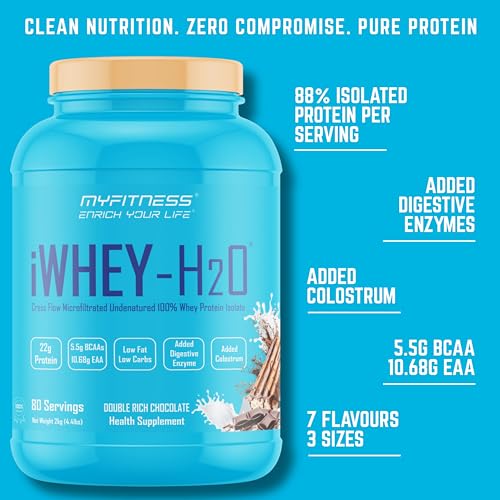 Image of Myfitness Whey Protein Isolate 500g | iWhey H2O | 88% Protein Per Serving | Added Colostrum | Added Digestive Enzymes | Whey Protein Powder (Cafe Paradise, 500g (20 servings))
