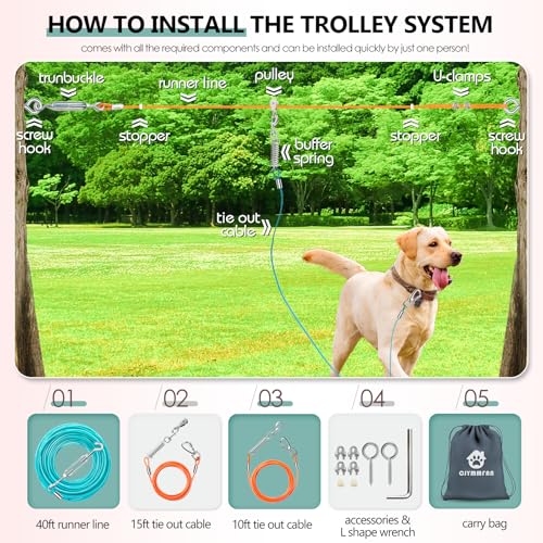 Professional Dog Runner Trolley System，Heavy Duty & Adjustable 40ft Dog Zip Line with 10ft & 15ft Tie Out for Large Dogs Up to 250lbs, Chew Proof Dog Run Cable for Yard, Camping & Outdoor Adventure by CJYMMFAN - Image 2