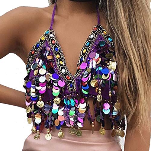 Wuchieal Sequin Halter Bra Top Salsa Belly Dance Boho Festival Clubbing Tribal Bra BH Top (One Size, Purple with Colorful Beads) - Image 3